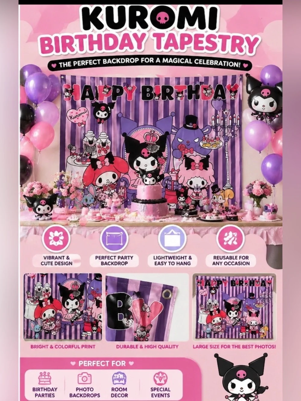 Kuromi Birthday Banner Tapestry Party Decoration Pink Purple Wall Decor
